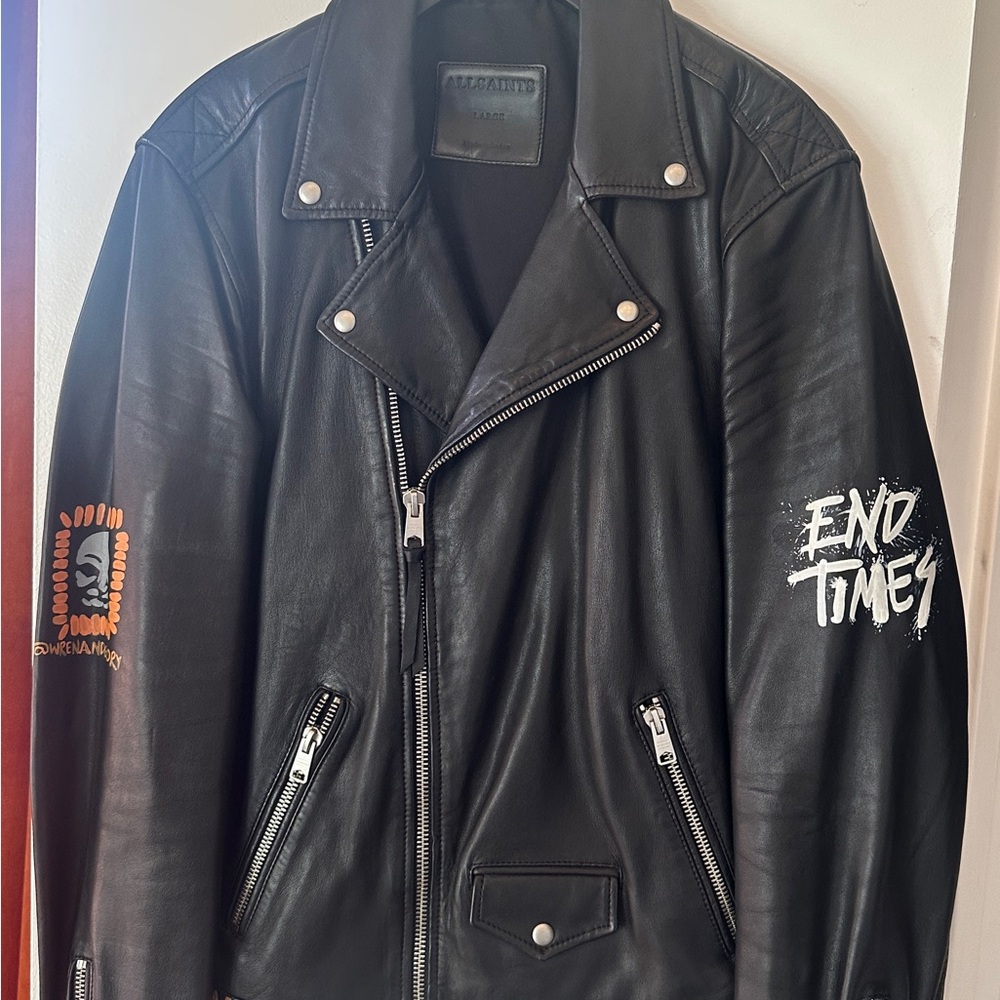 All Saints Black Leather Biker Jacket with White Sleeve Graphic